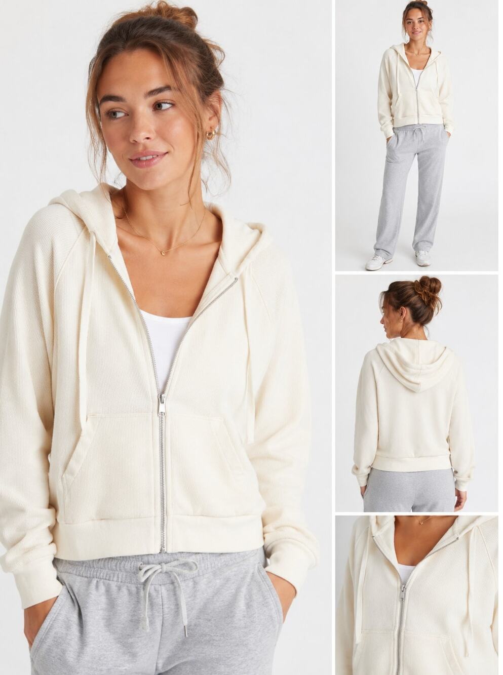 Madewell MWL Cream Thermal Zip Hoodie Size Small Waffle Knit Cozy Lounge S